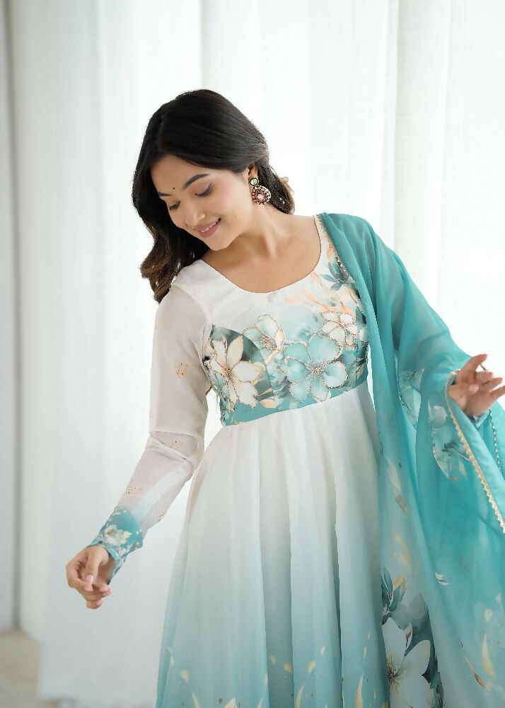 Aqua Blue Organza Kurta Set with Sequin Embroidery