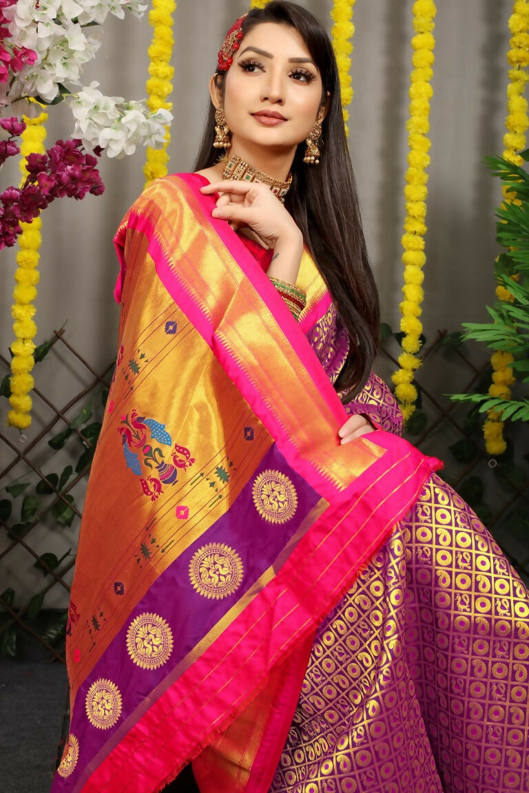 Purple Banarasi Silk Zari Woven Saree with Contrast Pink Blouse