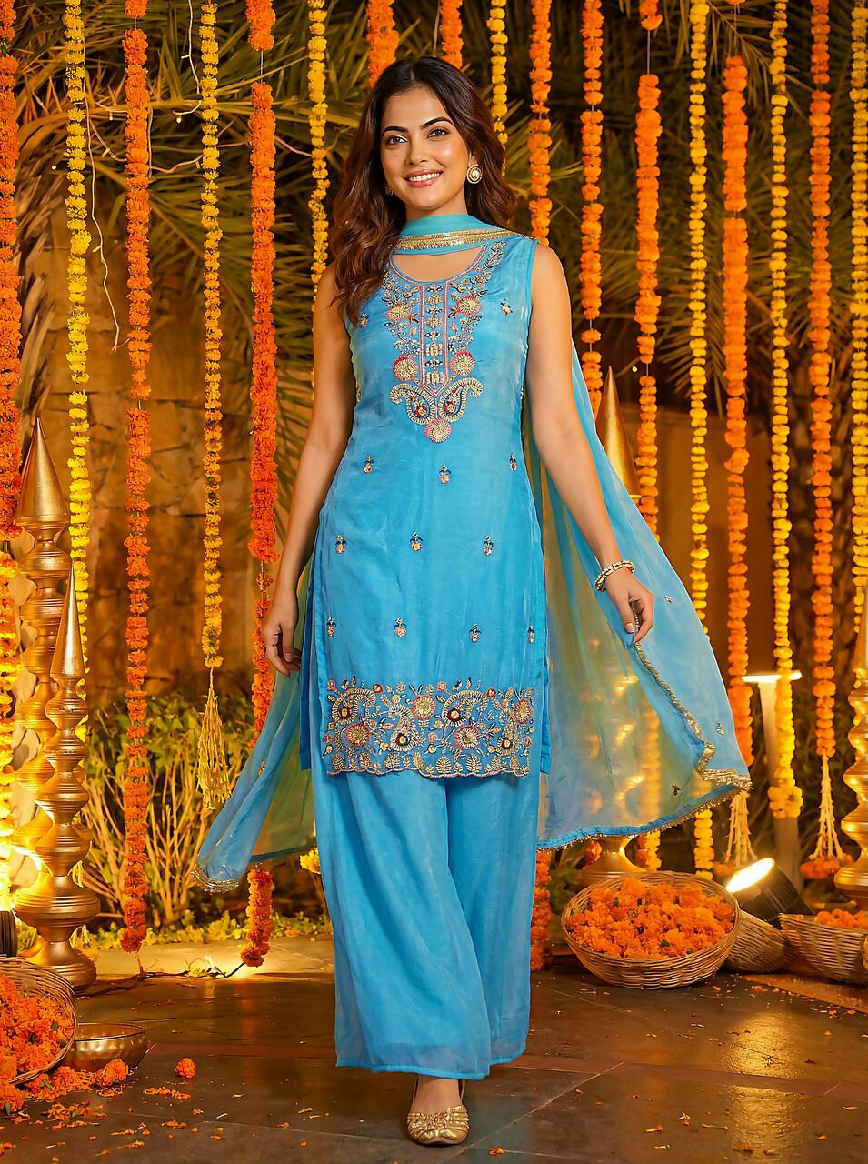 Blue Silk Embroidered Sharara Set for Traditional Occasions