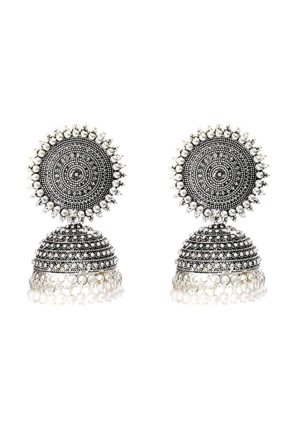 Silver tone Jhumka earrings detailed with elegant white pearls