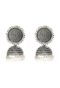 Silver tone Jhumka earrings detailed with elegant white pearls