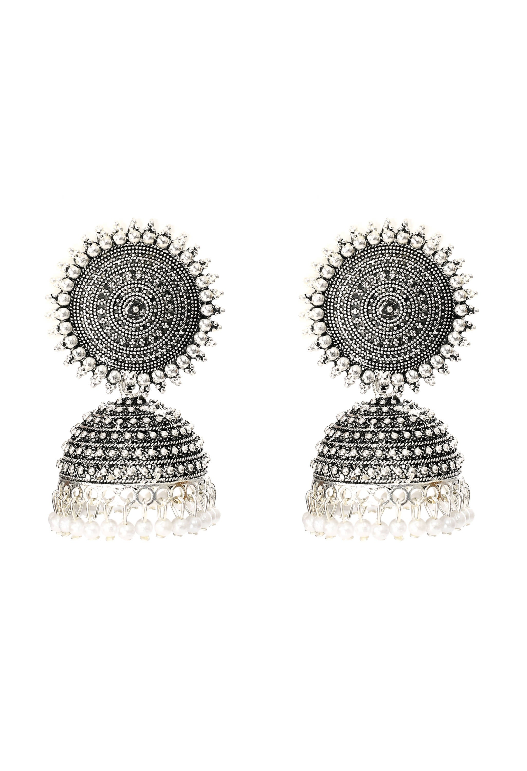Silver tone Jhumka earrings detailed with elegant white pearls