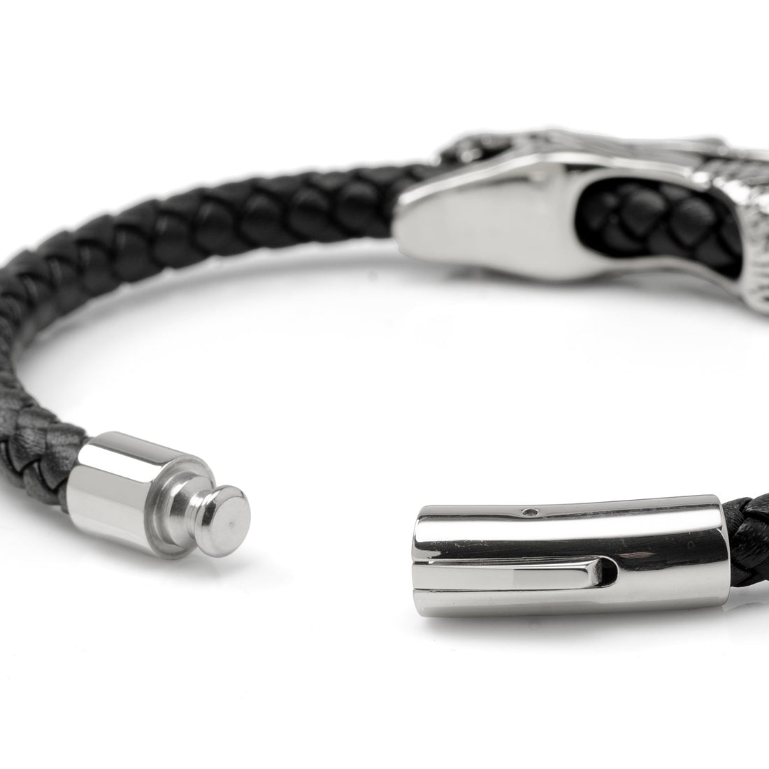 Dragon Head Braided Black Leather Bracelet with Magnetic Closure
