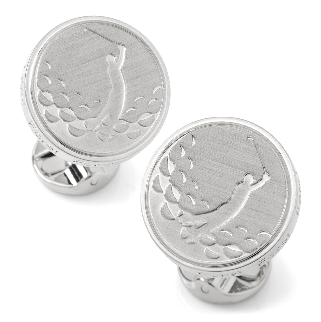 Pair of brushed silver cufflinks featuring a golfer in mid-swing and a golf ball pattern