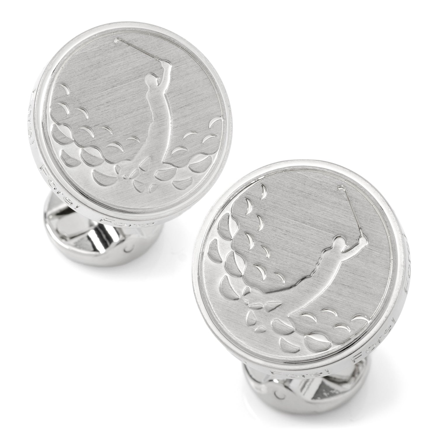 Pair of brushed silver cufflinks featuring a golfer in mid-swing and a golf ball pattern