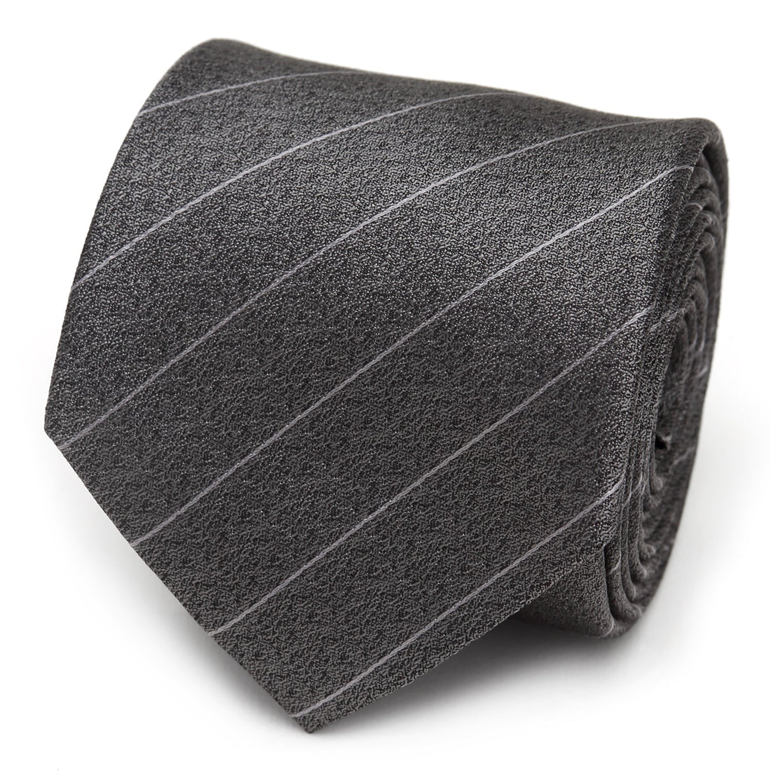 Close up of a woven gray necktie with pinstripes displayed in a roll and on a model wearing a suit