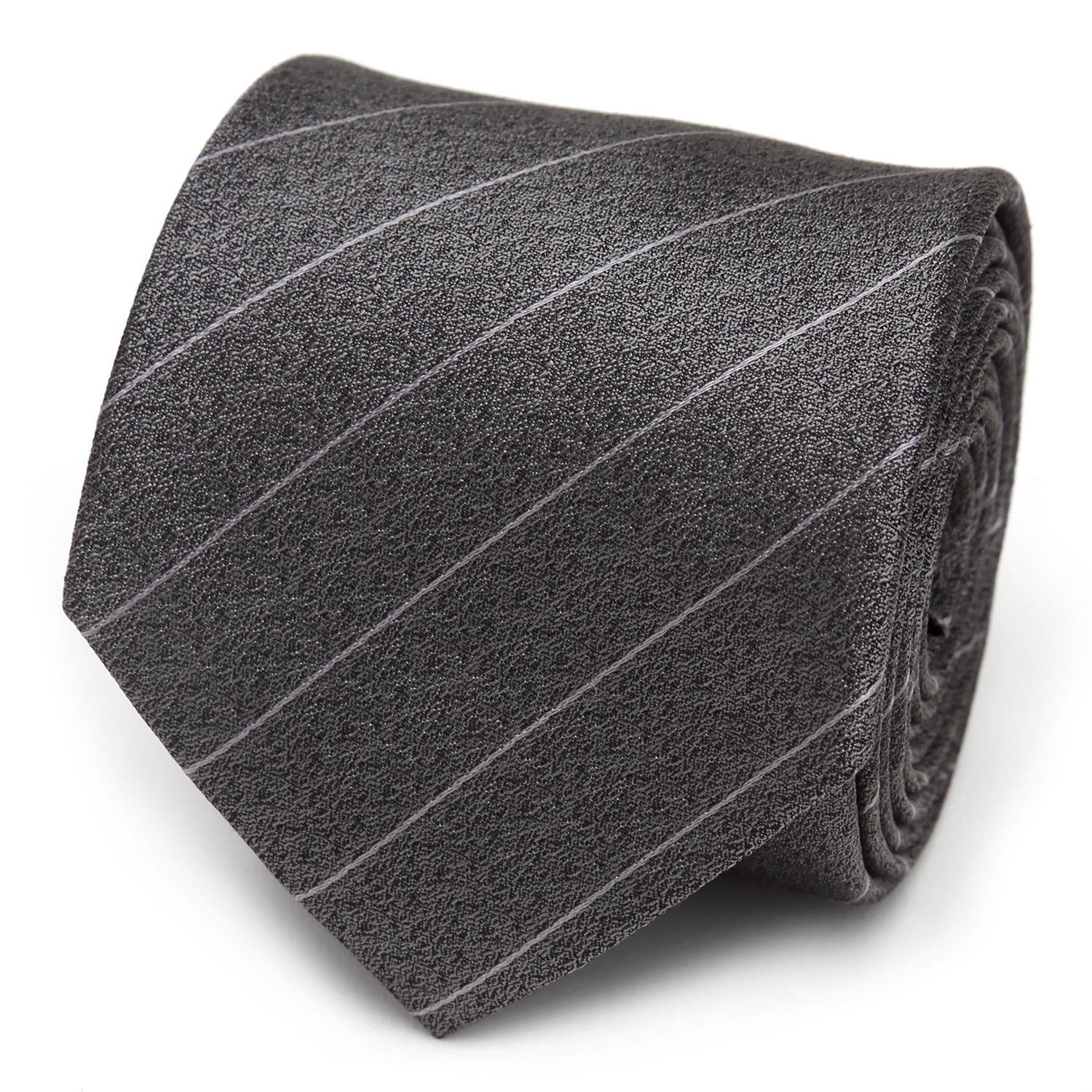 Close up of a woven gray necktie with pinstripes displayed in a roll and on a model wearing a suit