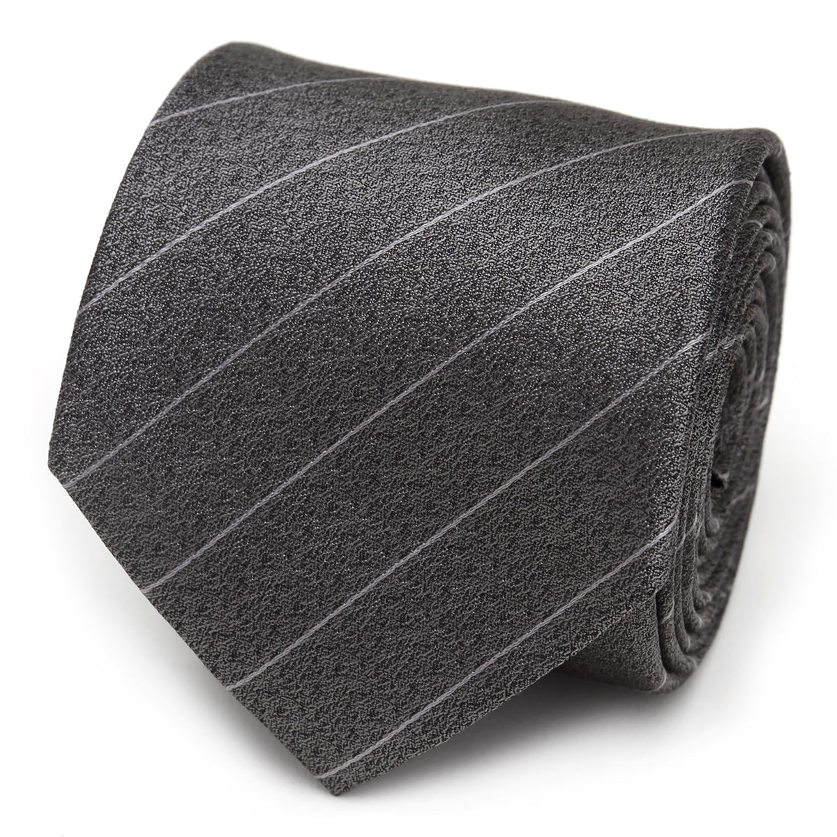 Close up of a woven gray necktie with pinstripes displayed in a roll and on a model wearing a suit