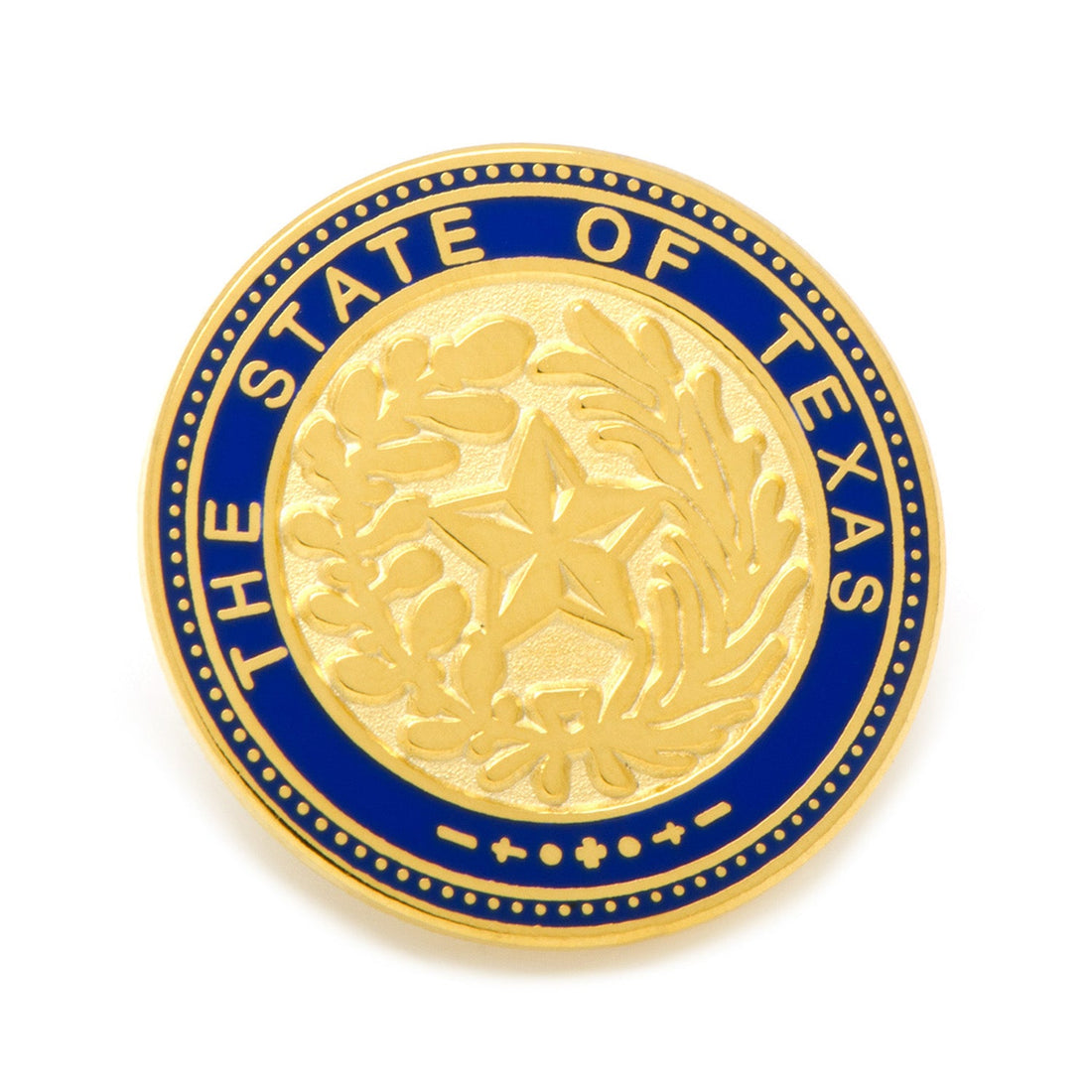 State of Texas seal lapel pin with gold embossed design and blue enamel details, shown with a secure backing.