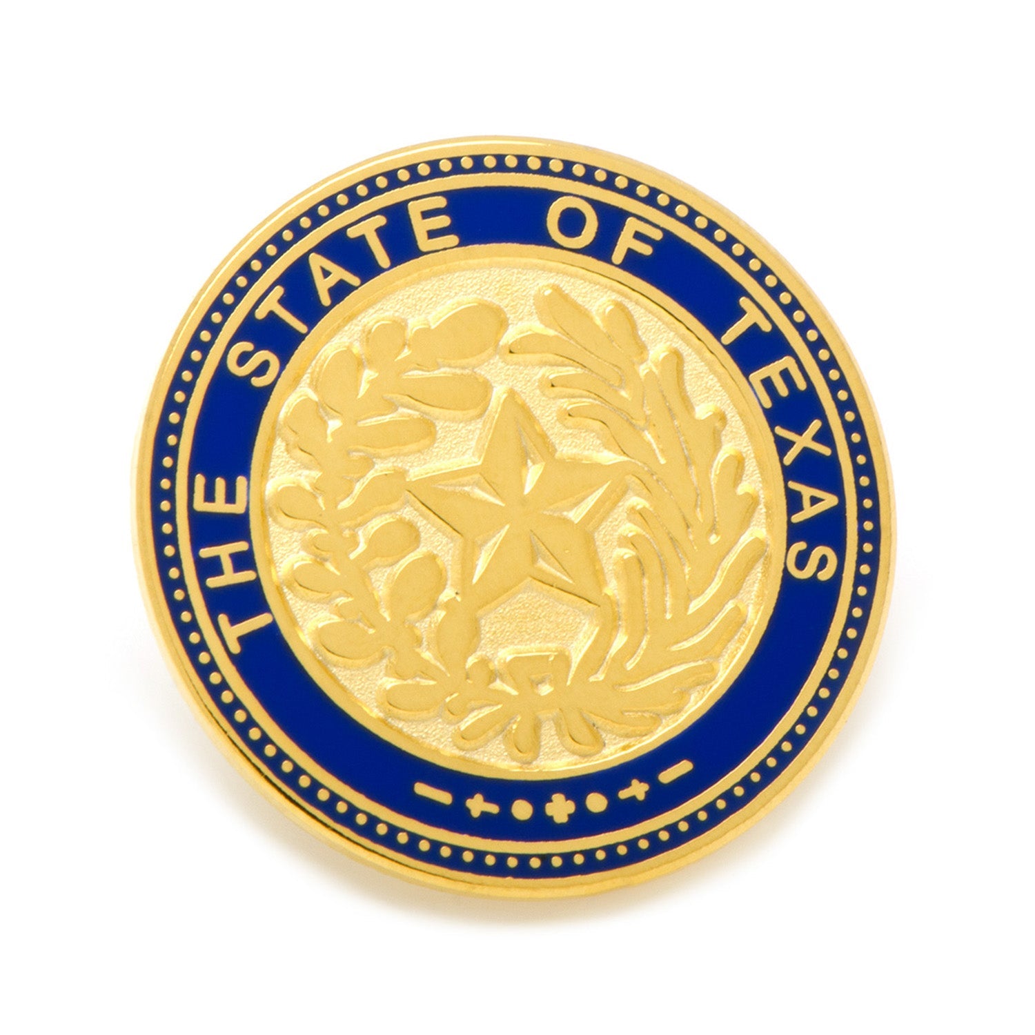 State of Texas seal lapel pin with gold embossed design and blue enamel details, shown with a secure backing.