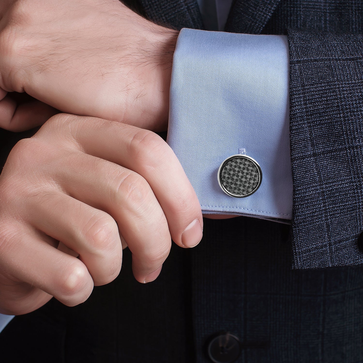 Woven Metal Black Cufflinks with Polished Round Edge - Image 2