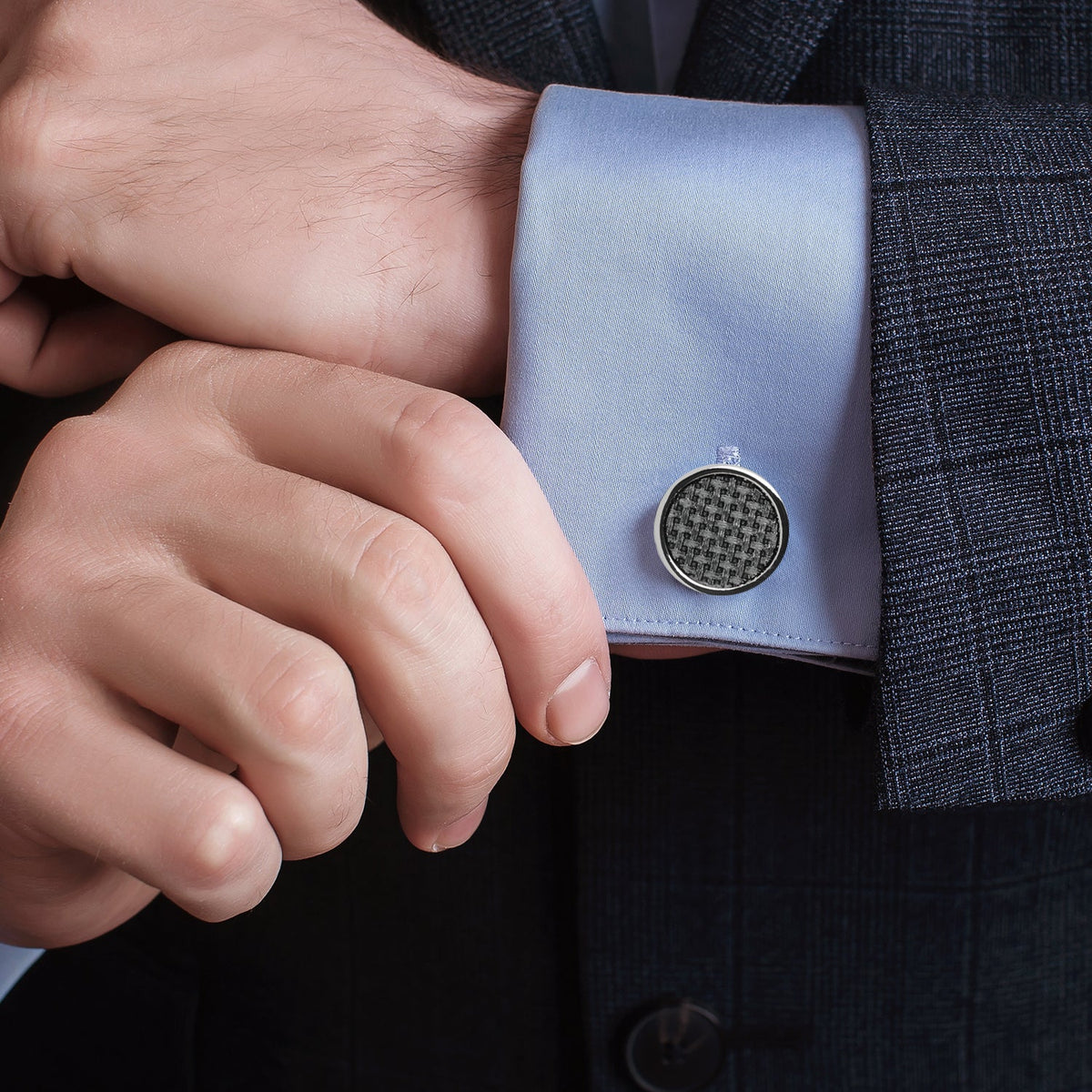 Woven Metal Black Cufflinks with Polished Round Edge - Image 2