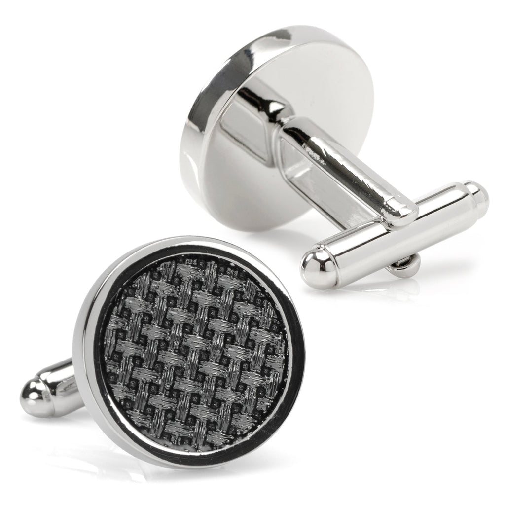 Woven Metal Black Cufflinks with Polished Round Edge - Image 3