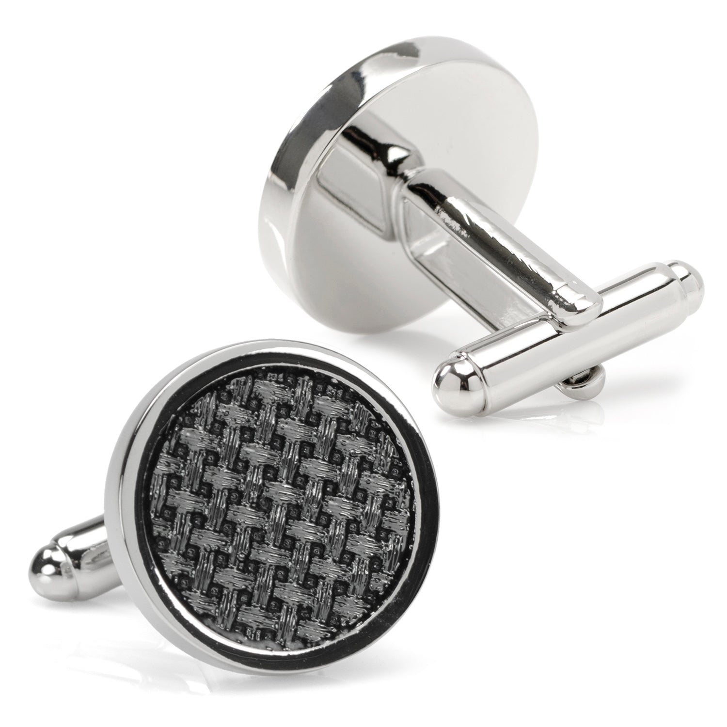 Woven Metal Black Cufflinks with Polished Round Edge - Image 3