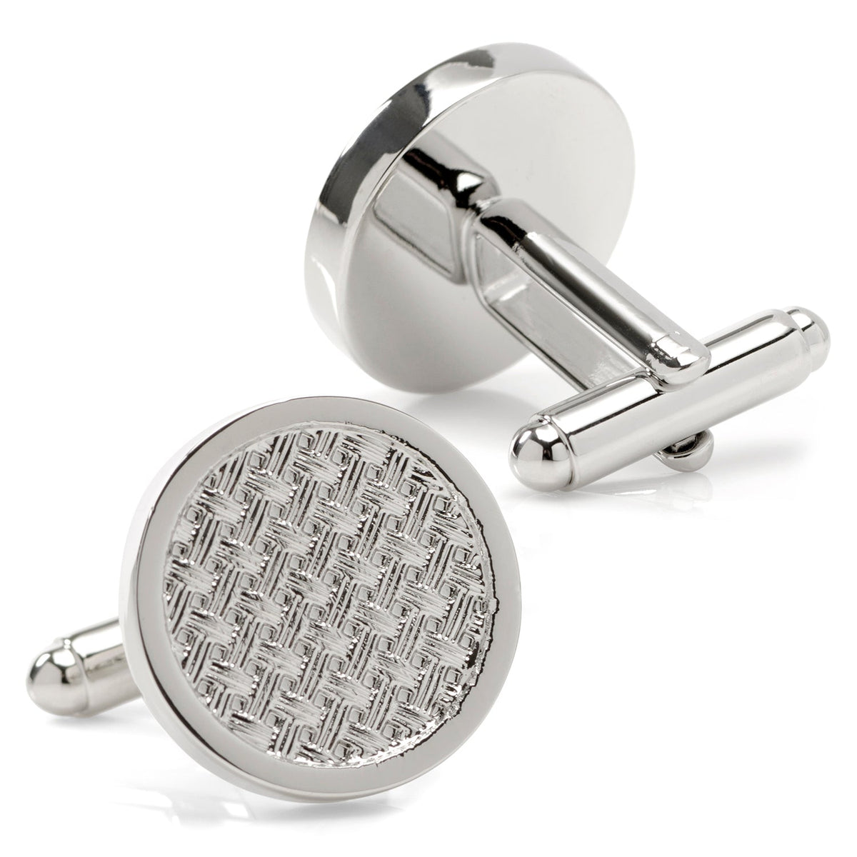 Woven Metal Silver Cufflinks Round Polished Edge Formal - Image 2