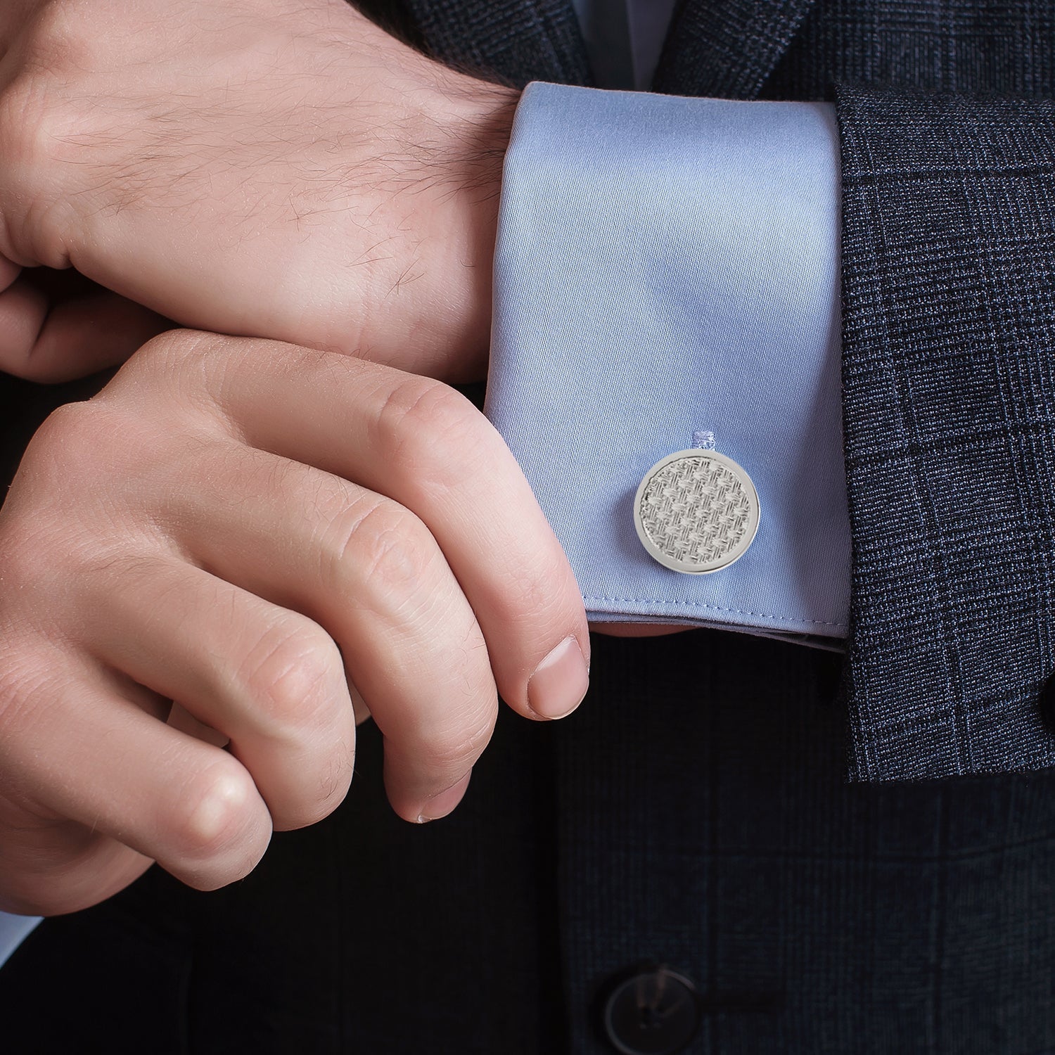 Woven Metal Silver Cufflinks Round Polished Edge Formal - Image 3