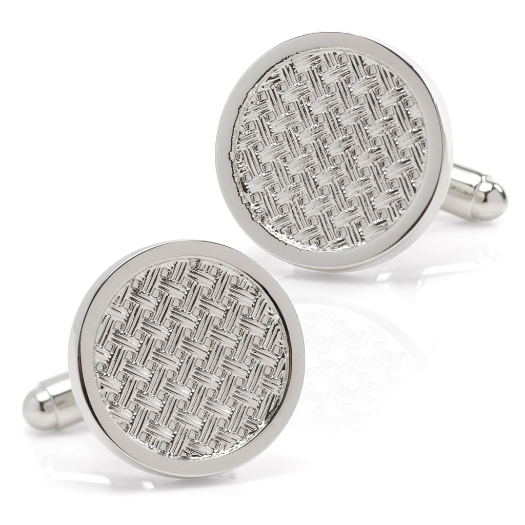 A pair of round woven metal silver cufflinks with a polished outer edge, shown on a white background.