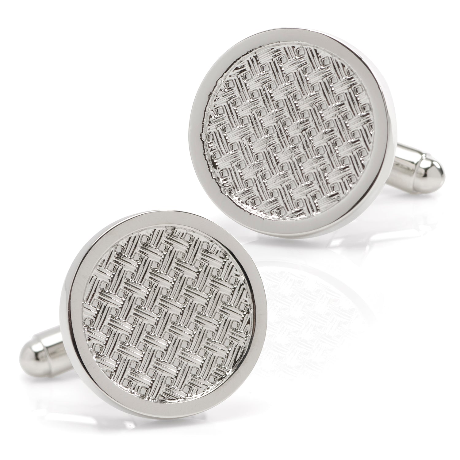A pair of round woven metal silver cufflinks with a polished outer edge, shown on a white background.