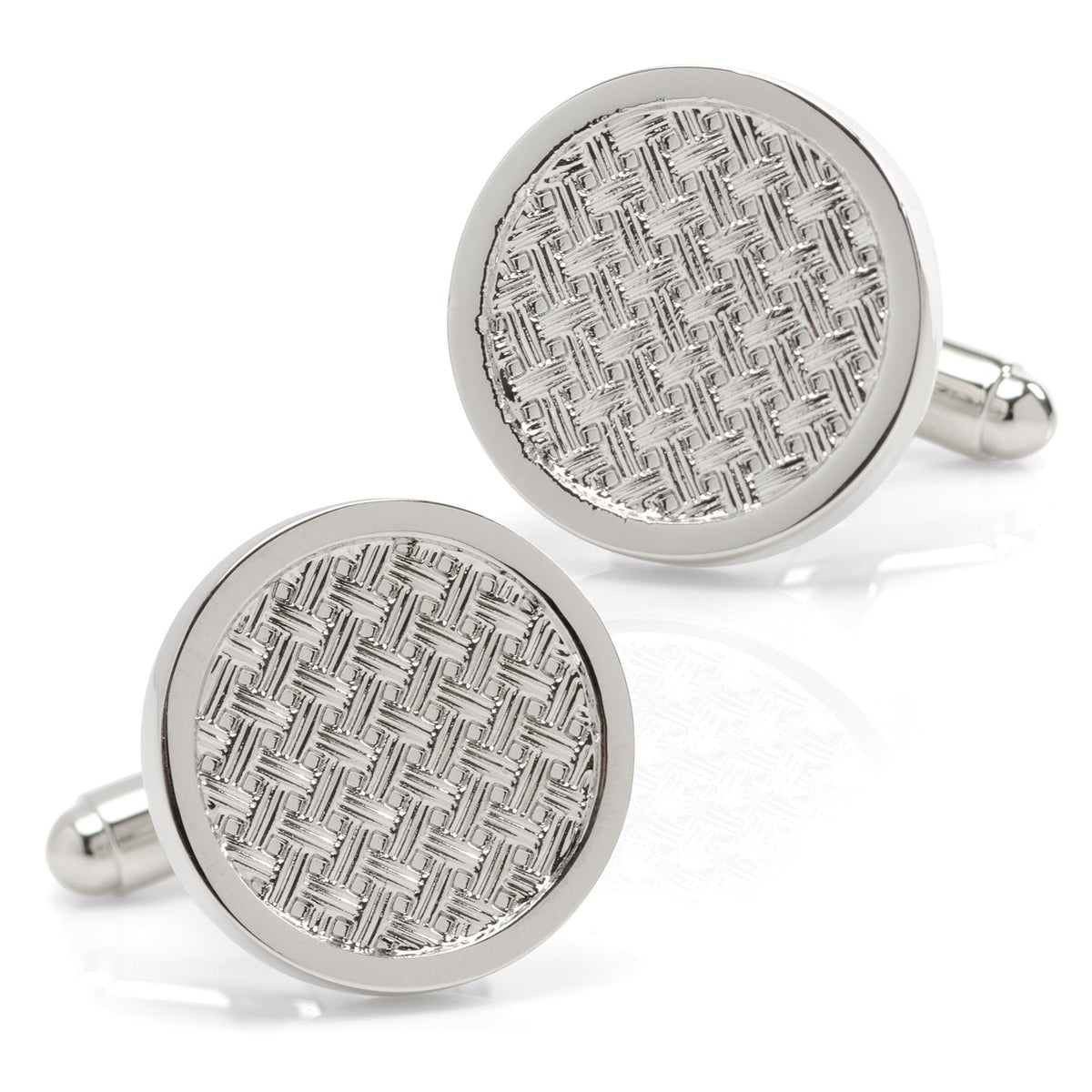 A pair of round woven metal silver cufflinks with a polished outer edge, shown on a white background.