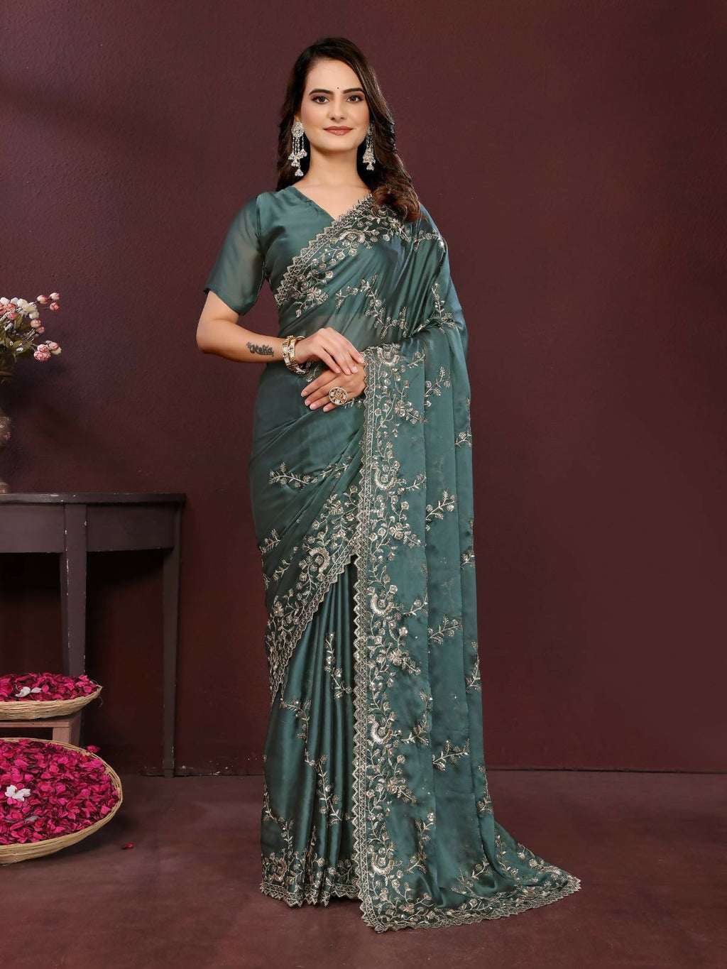 Grey Rangoli silk party wear saree with intricate embroidery and matching blouse