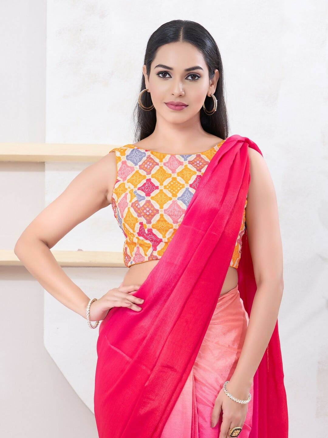 Yellow Bandhani Print Sleeveless Boat Neck Back Open Blouse