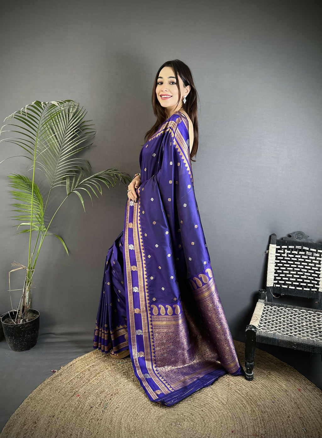 Navy Blue Banarasi Soft Silk Woven Saree with Matching Blouse