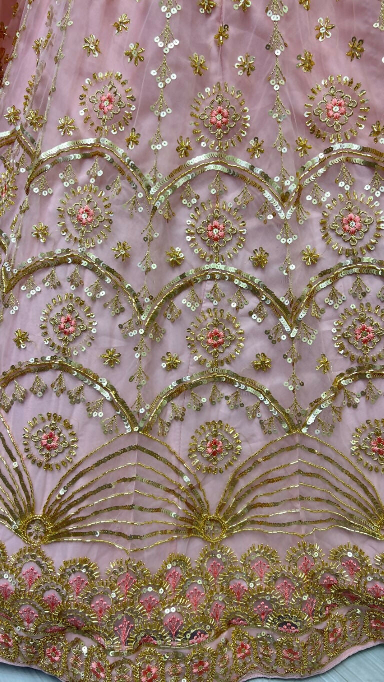 Pink Bridal Net Lehenga Choli with Handwork and Sequins