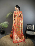 Peach soft silk Paithani saree with floral and leaf motif details