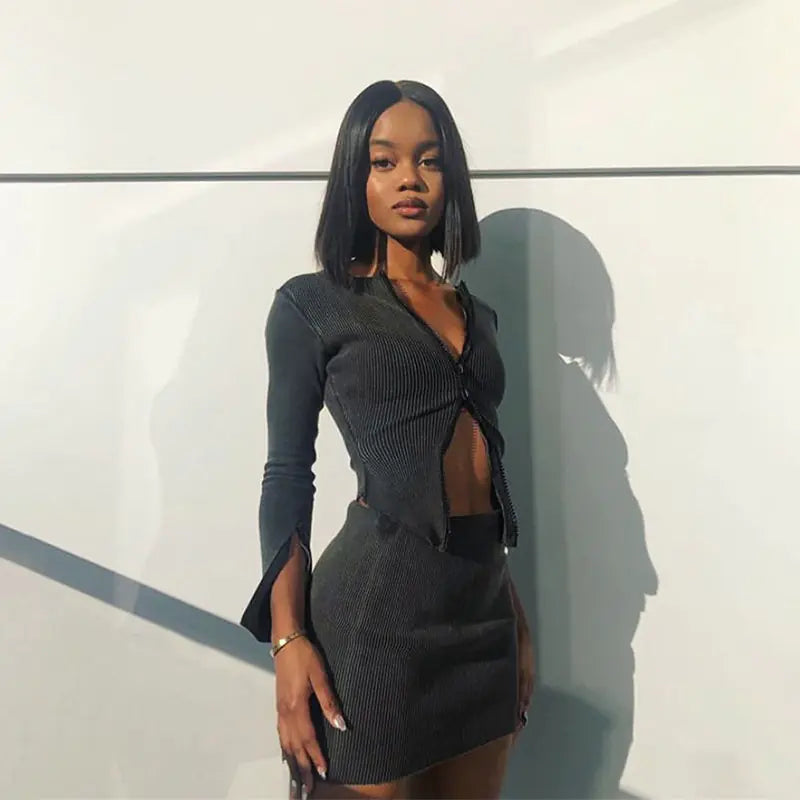Women's Autumn Winter Long Sleeve Zip Cardigan Set