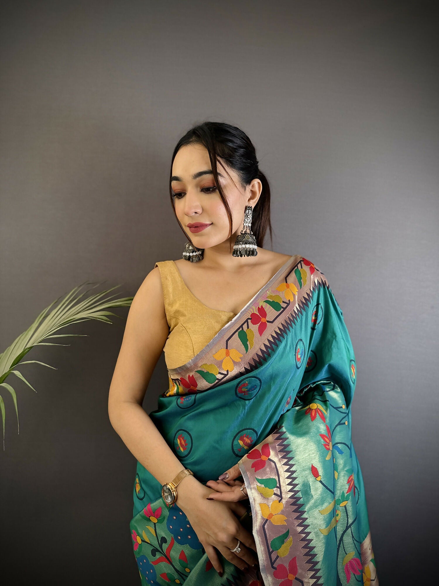Cyan Blue Paithani Soft Silk Saree with Meenakari Work
