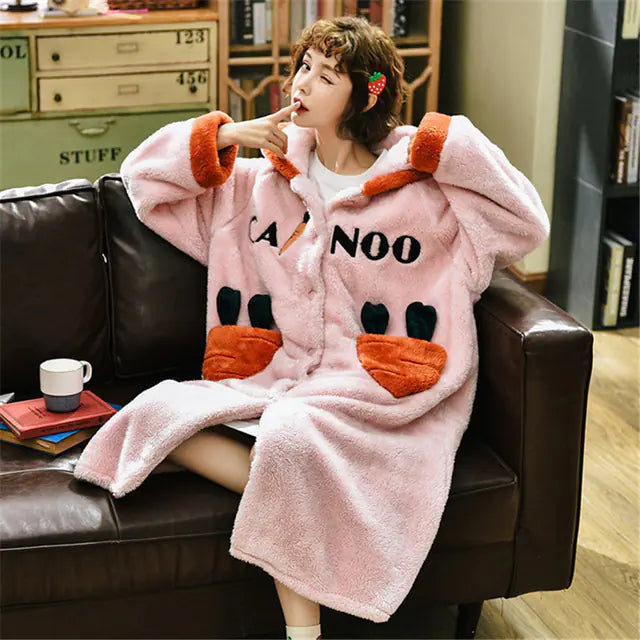 Hooded Coral Fleece Kimono Robe for Women