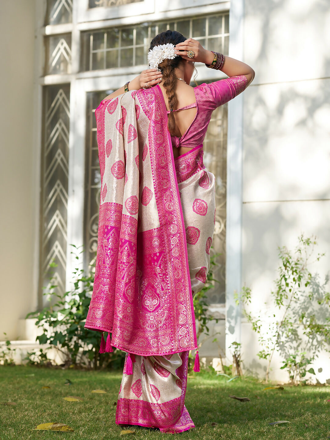 Cream and Pink Silk Blend Saree with Matching Blouse