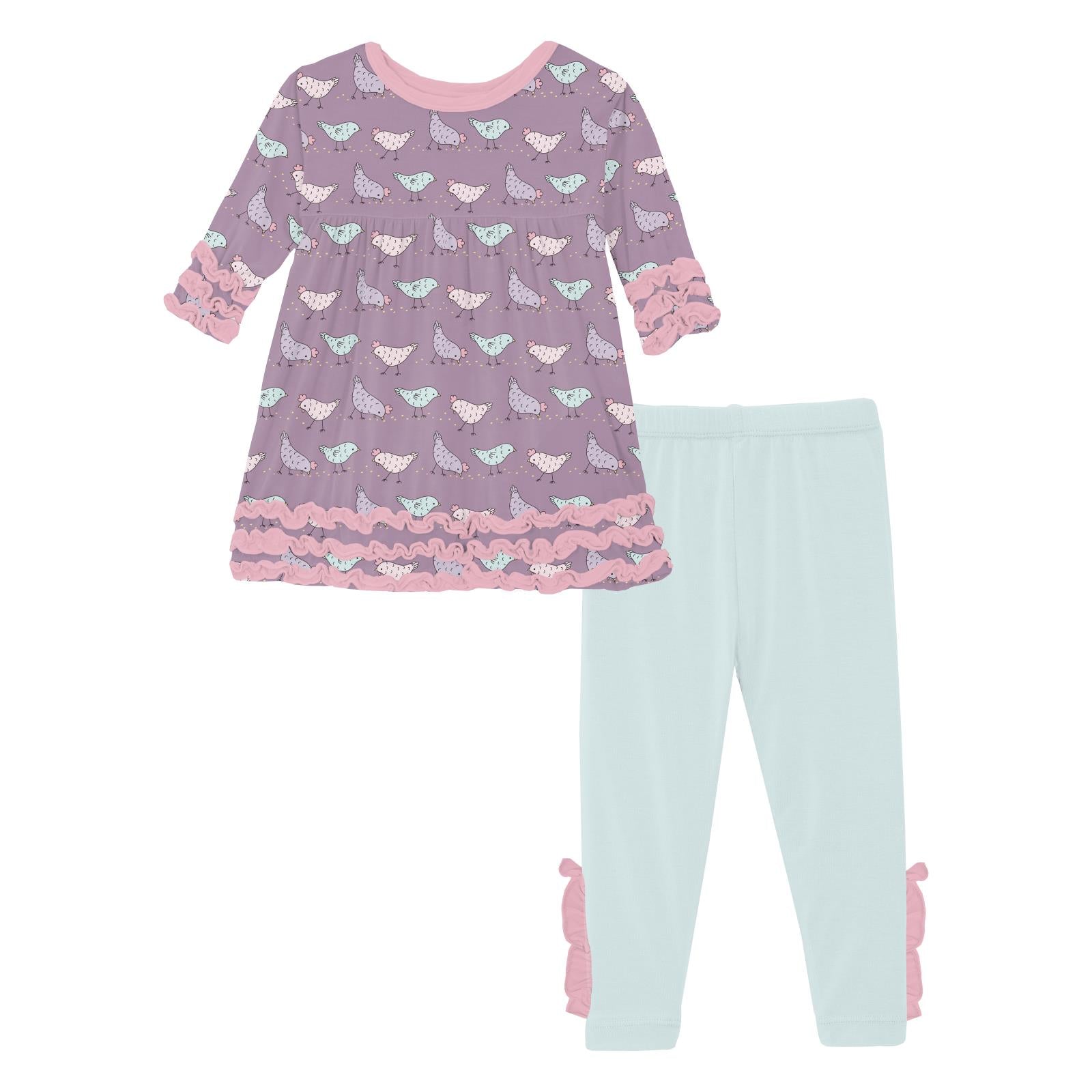 Print 3/4 Sleeve Babydoll Outfit Set in Lavender Chickens