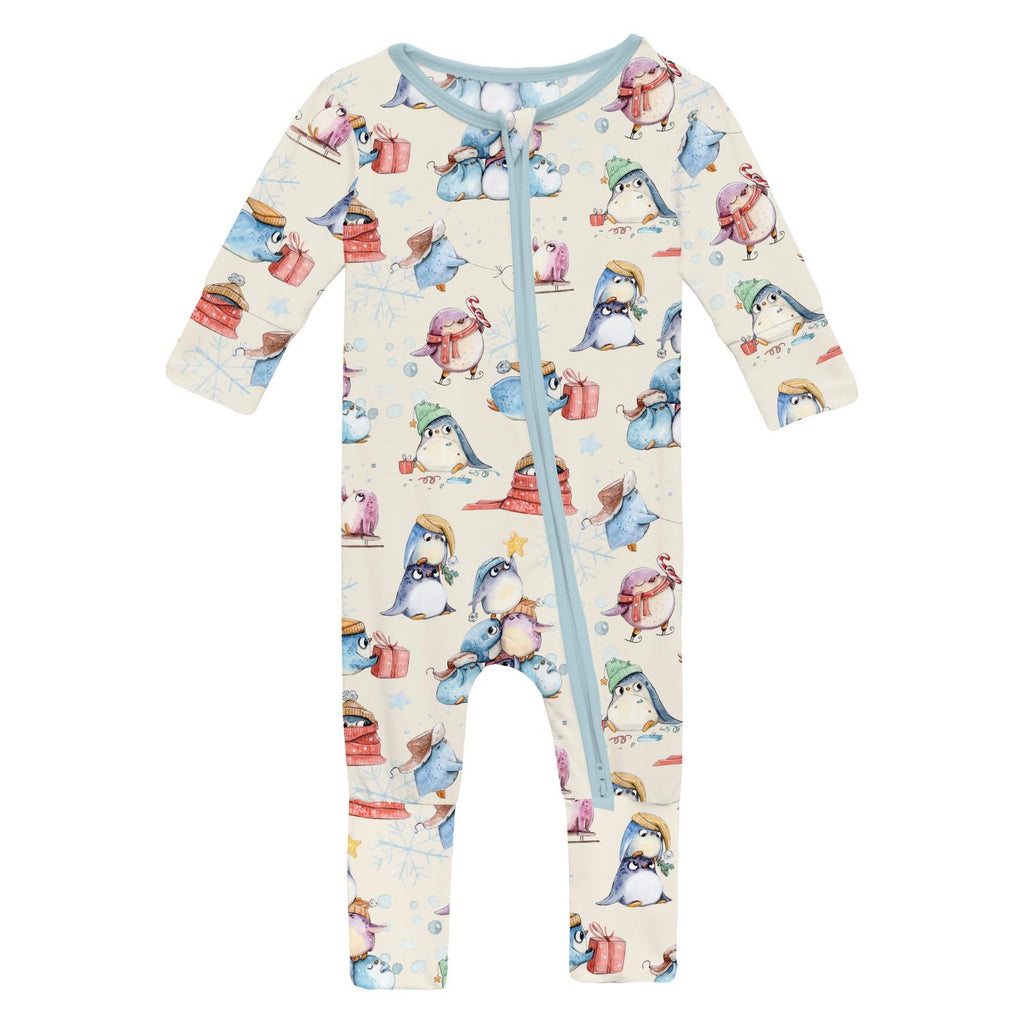 Print Convertible Coverall in Natural Silly Penguins