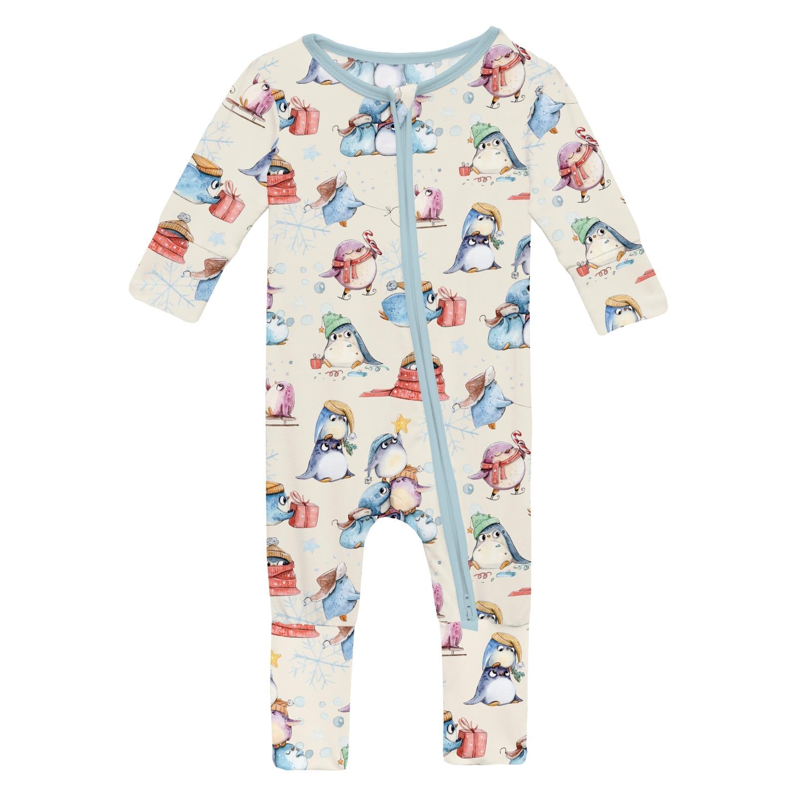 Print Convertible Coverall in Natural Silly Penguins