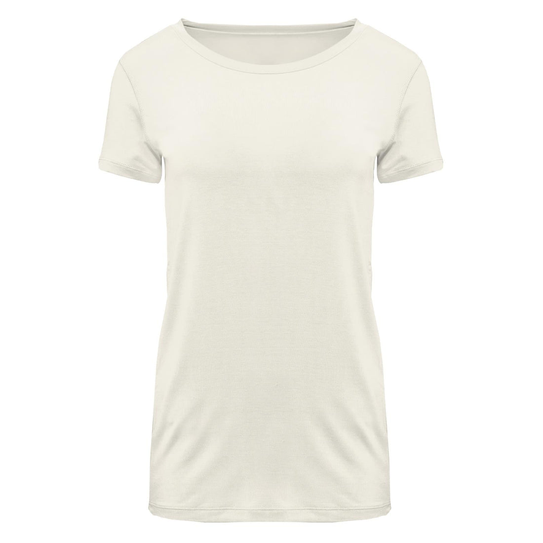 A front view of a natural-colored women's short sleeve relaxed bamboo t-shirt on a white background.