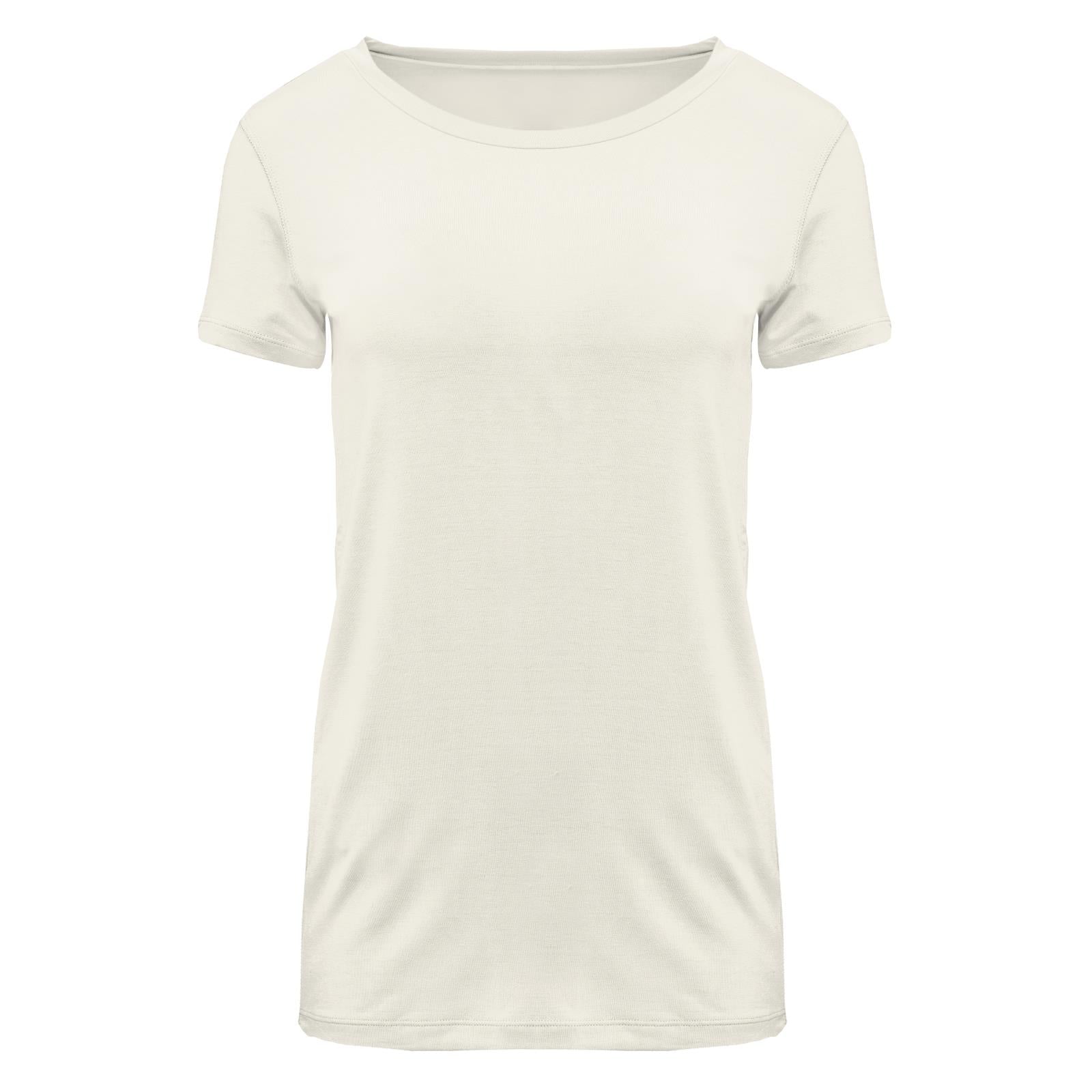 A front view of a natural-colored women's short sleeve relaxed bamboo t-shirt on a white background.