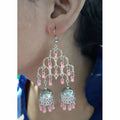 Long double Jhumka earrings in silver oxidized finish with light pink pearl accents
