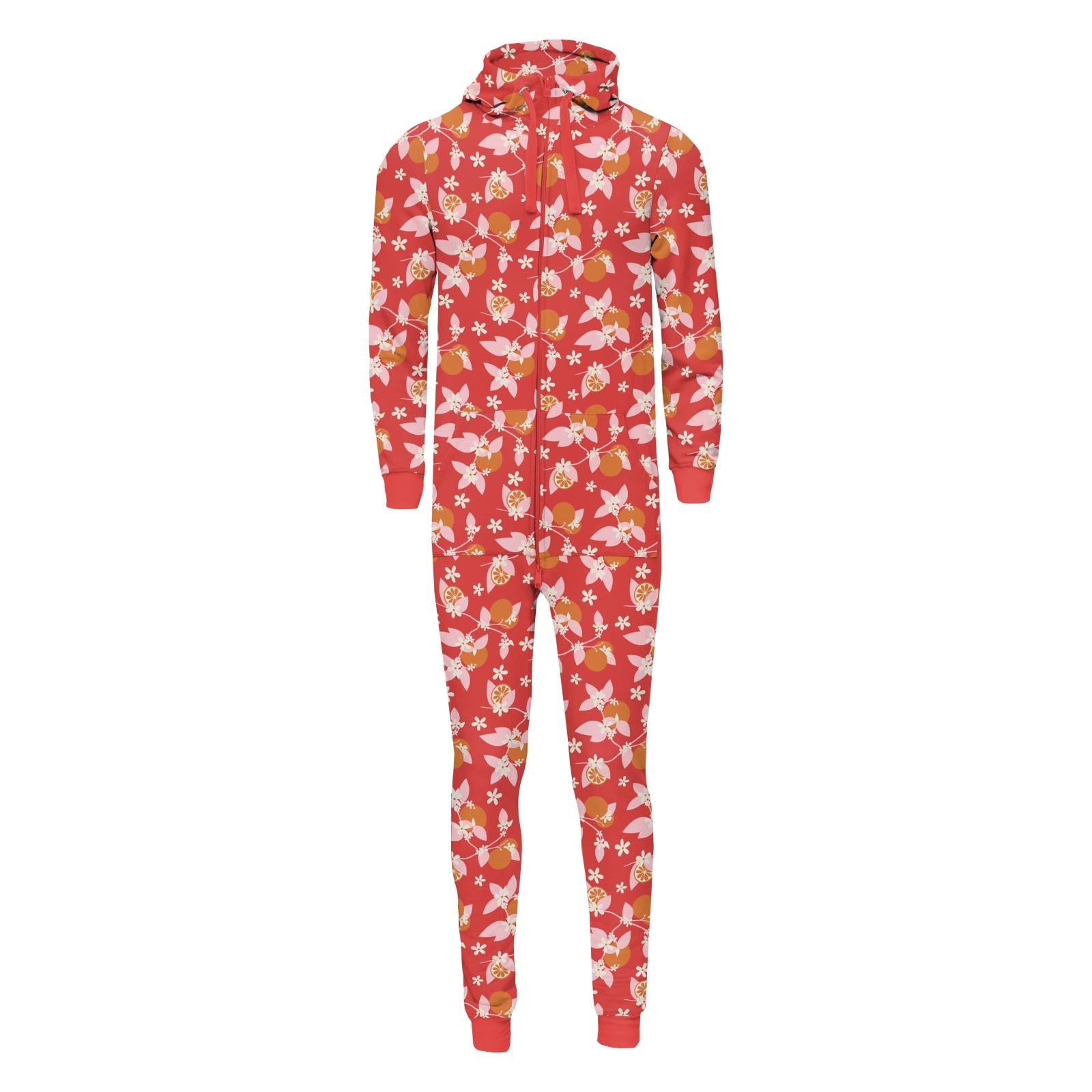 Print Adult Fleece Jumpsuit with Hood in Poppy Orange Blossom