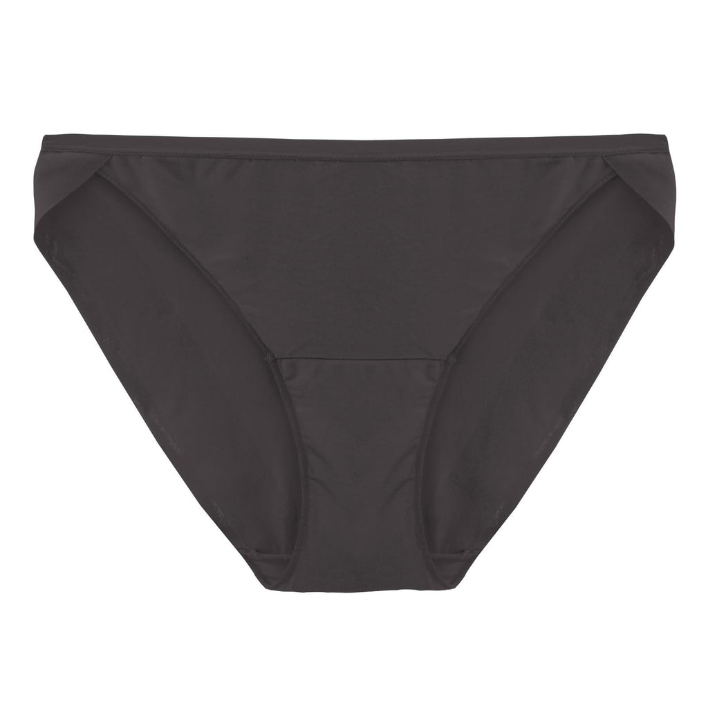 Close up of women's bikini brief in solid midnight blue bamboo fabric with low-rise fit.