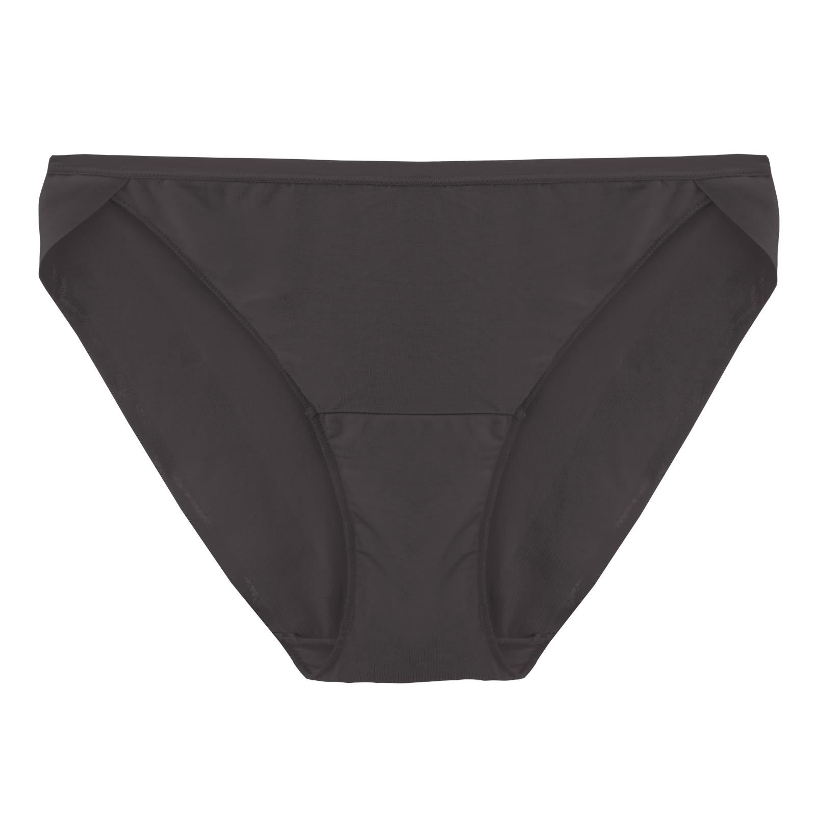 Close up of women's bikini brief in solid midnight blue bamboo fabric with low-rise fit.