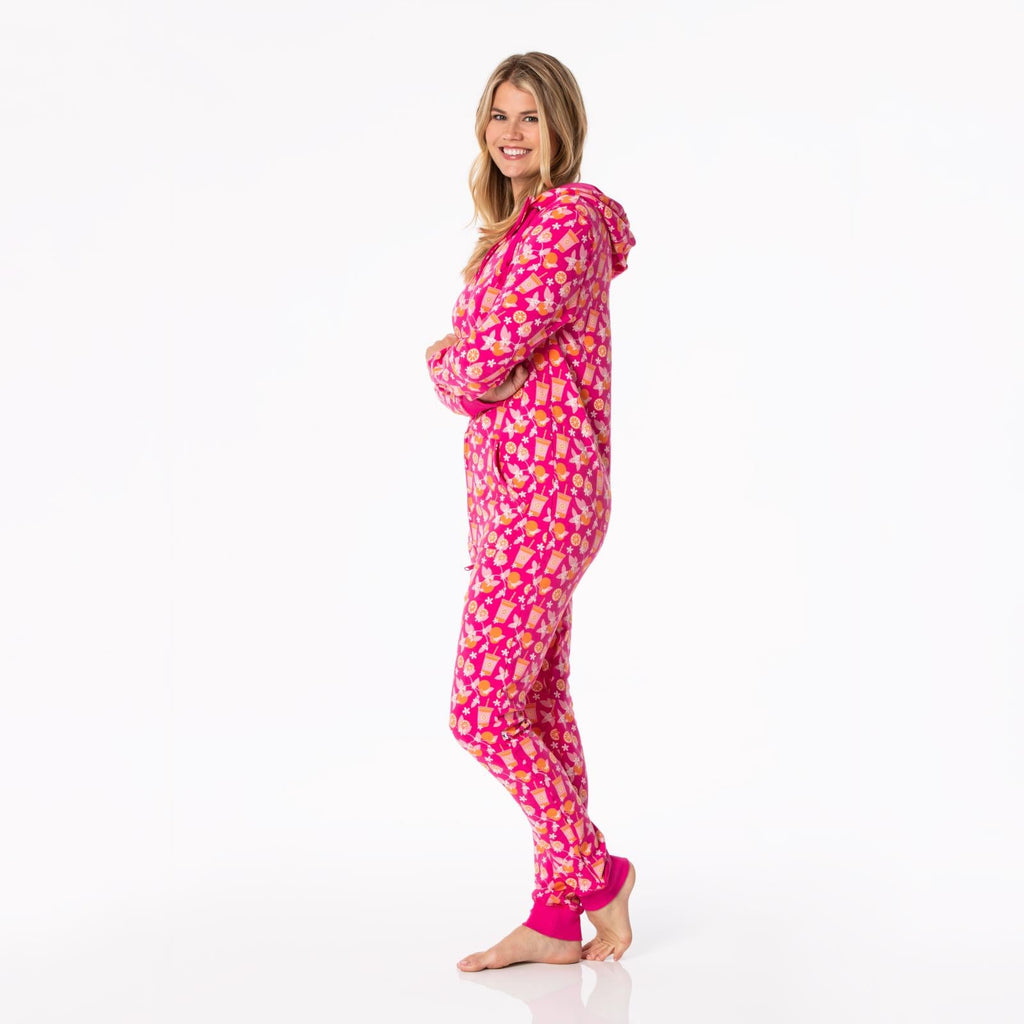 Print Adult Fleece Jumpsuit with Hood in Calypso Orange Cream