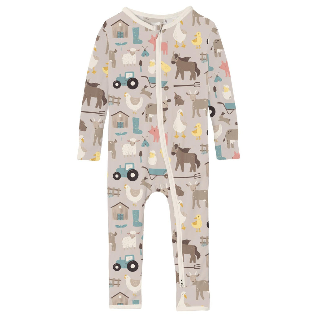 Print Coverall with 2 Way Zipper in Latte Morning on the Farm