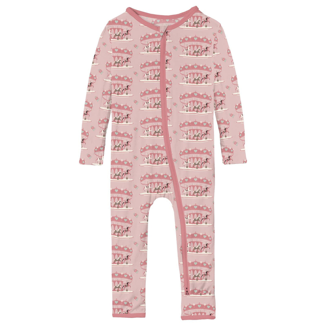 Print Coverall with 2 Way Zipper in Baby Rose Fair Carousel