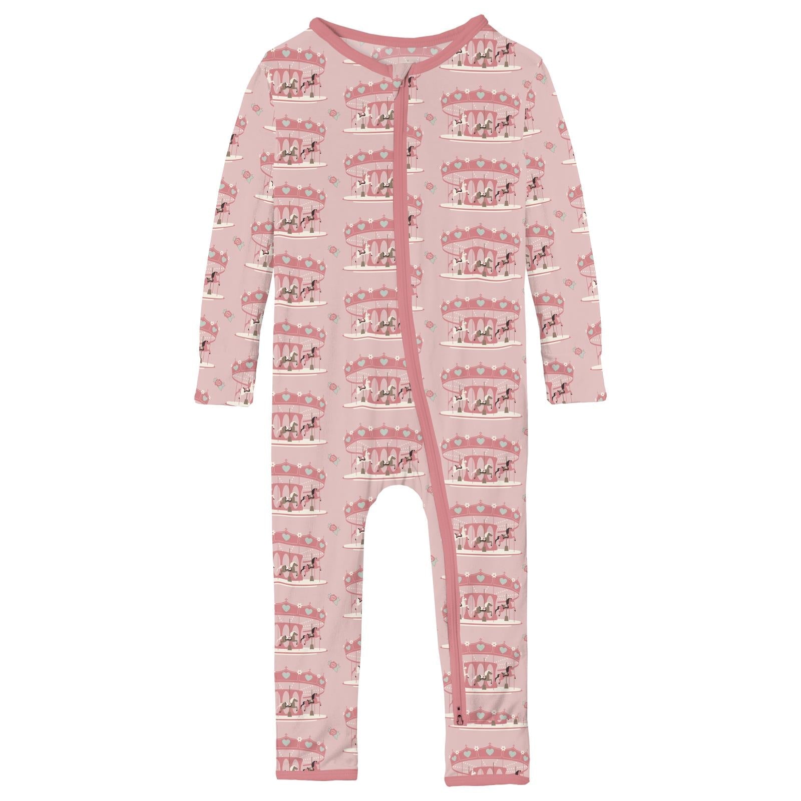 Print Coverall with 2 Way Zipper in Baby Rose Fair Carousel