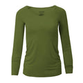 Long sleeve V-neck tee shirt in a solid moss green color shown on a white background