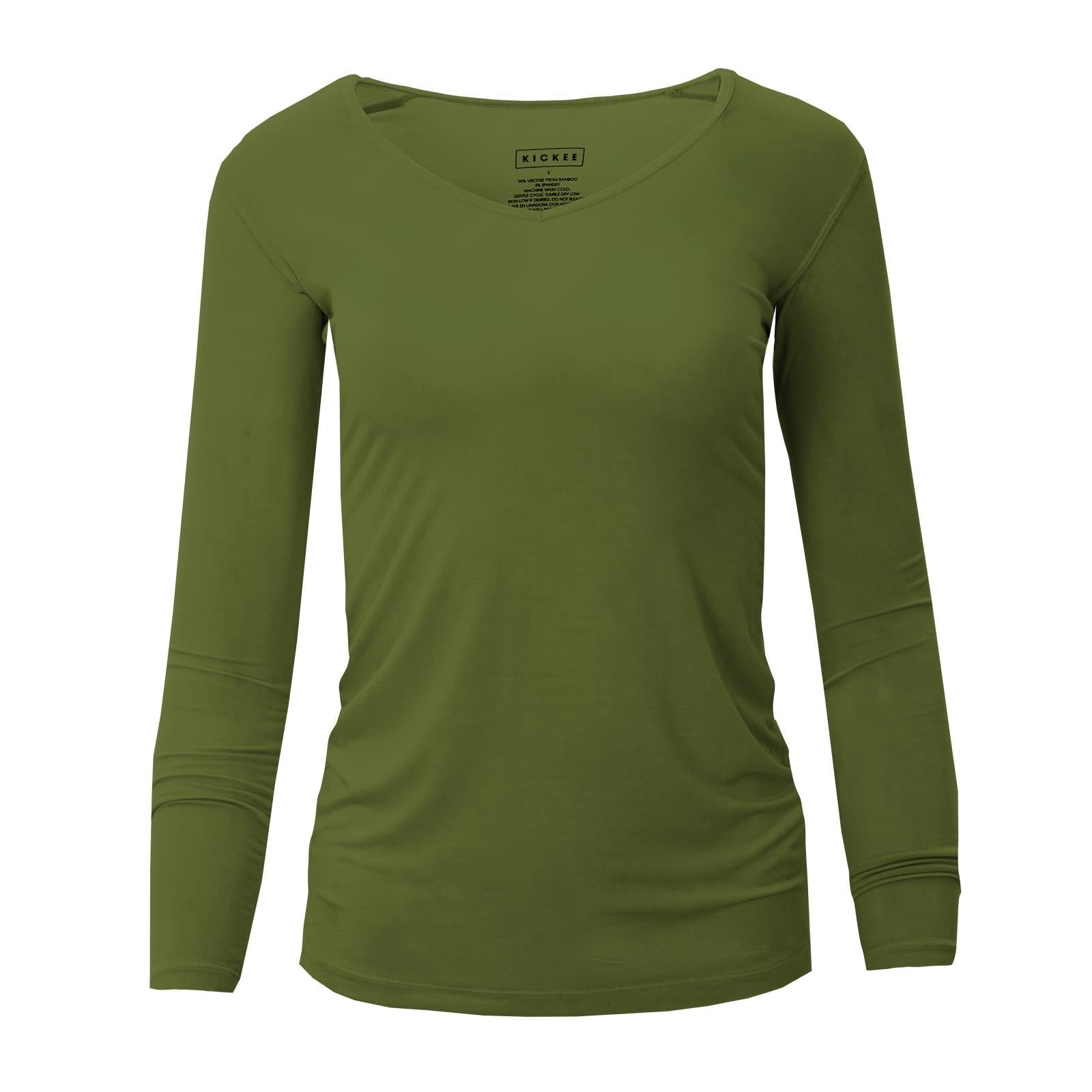 Long sleeve V-neck tee shirt in a solid moss green color shown on a white background