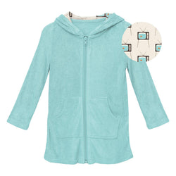 Summer sky zip-front terry robe with cream vintage television print lined hood