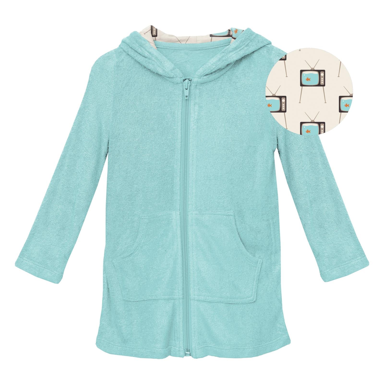Summer sky zip-front terry robe with cream vintage television print lined hood