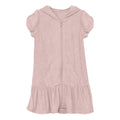 Baby wearing a soft pink terry cloth swim cover-up with ruffle hem and hood in Baby Rose color